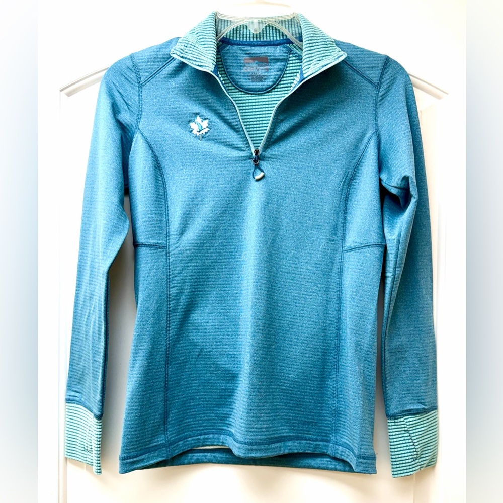 102:  Orvis Teal Quater-Zip Pullover with Striped Trim Collar & Cuffs - XS